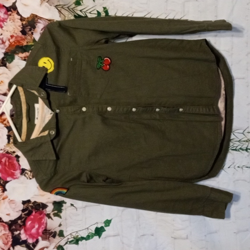 Olive Green Kids Shirt with Cherry Patch